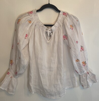 Saks Fifth Avenue Womens Linen Floral Embroidered Top Small