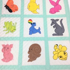 Handmade Baby Applique Block Quilt Crib Blanket Animals and Insects Mint Green