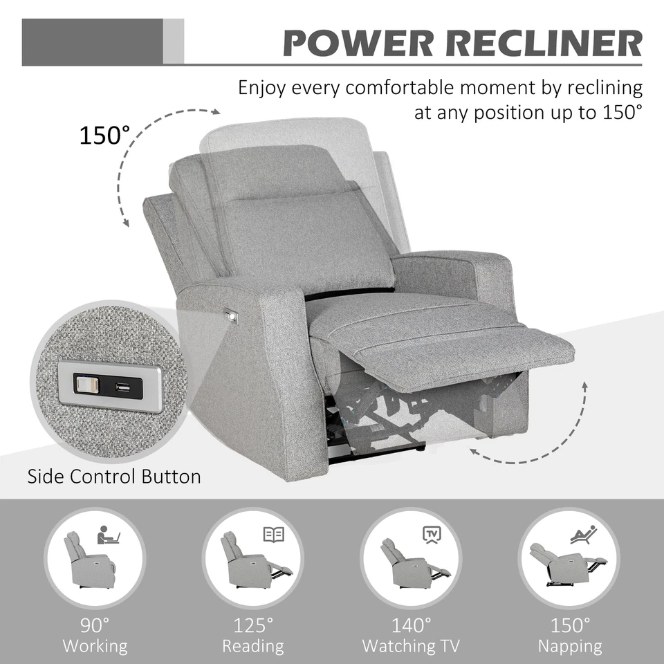 Grey Linen Recliner Chair with USB Port, 84x92x104cm, Electric Comfort - Image 4 of 4