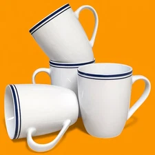 4pc Set Amazon Basics Cafe Stripe Blue / White Coffee Cups/ Mugs 4"
