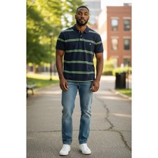 American Eagle Outfitters Mens Navy Blue Lime Green Striped Eagle Polo Shirt L