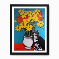 Daisies With A Cat 3 Pop Art  Art P Framed Wall Art Poster Canvas Print Picture