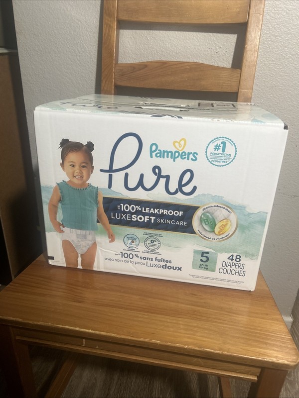 Pampers Pure Diapers Size 5 Diapers, 48CT, 27+ LB, Leakproof, Luxesoft, Skincare