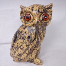 Vintage Gold  Brown Glazed Ceramic Owl Decor Figure Big Groovy Orange Eyes 70s