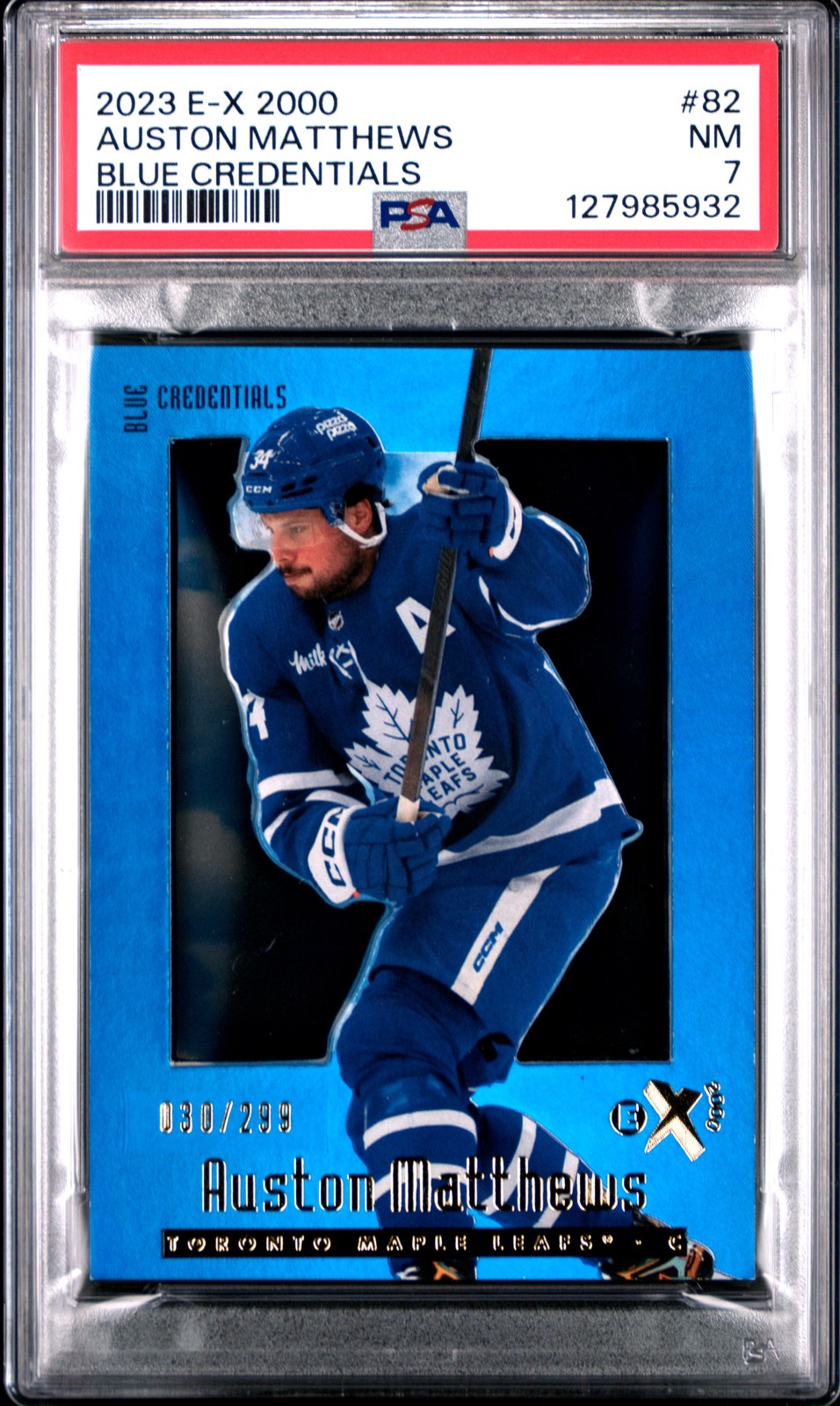 2023 SKYBOX E-X 2000 BLUE CREDENTIALS #82 AUSTON MATTHEWS 30/299 PSA 7 view 1