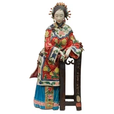 US Seller - Chinese Porcelain Figurine, Shi Wan Lady in Red Leaning on Pedestal