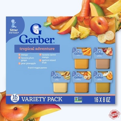 Gerber Non-GMO Baby Food Stage 2 Tropical Adventure Variety Pack Puree 2oz Tubs 