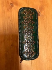 Green Leather Pen Case with Decorative Pattern, Multiple Pockets, Used