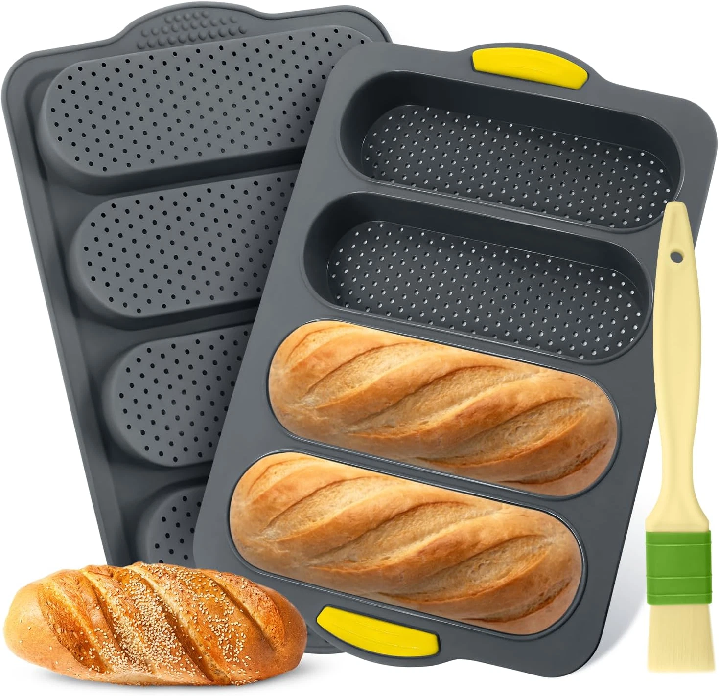 2 Pack Silicone Baguette Bread Pan 4 Hole Non-Stick French Loaf Pan Reusable