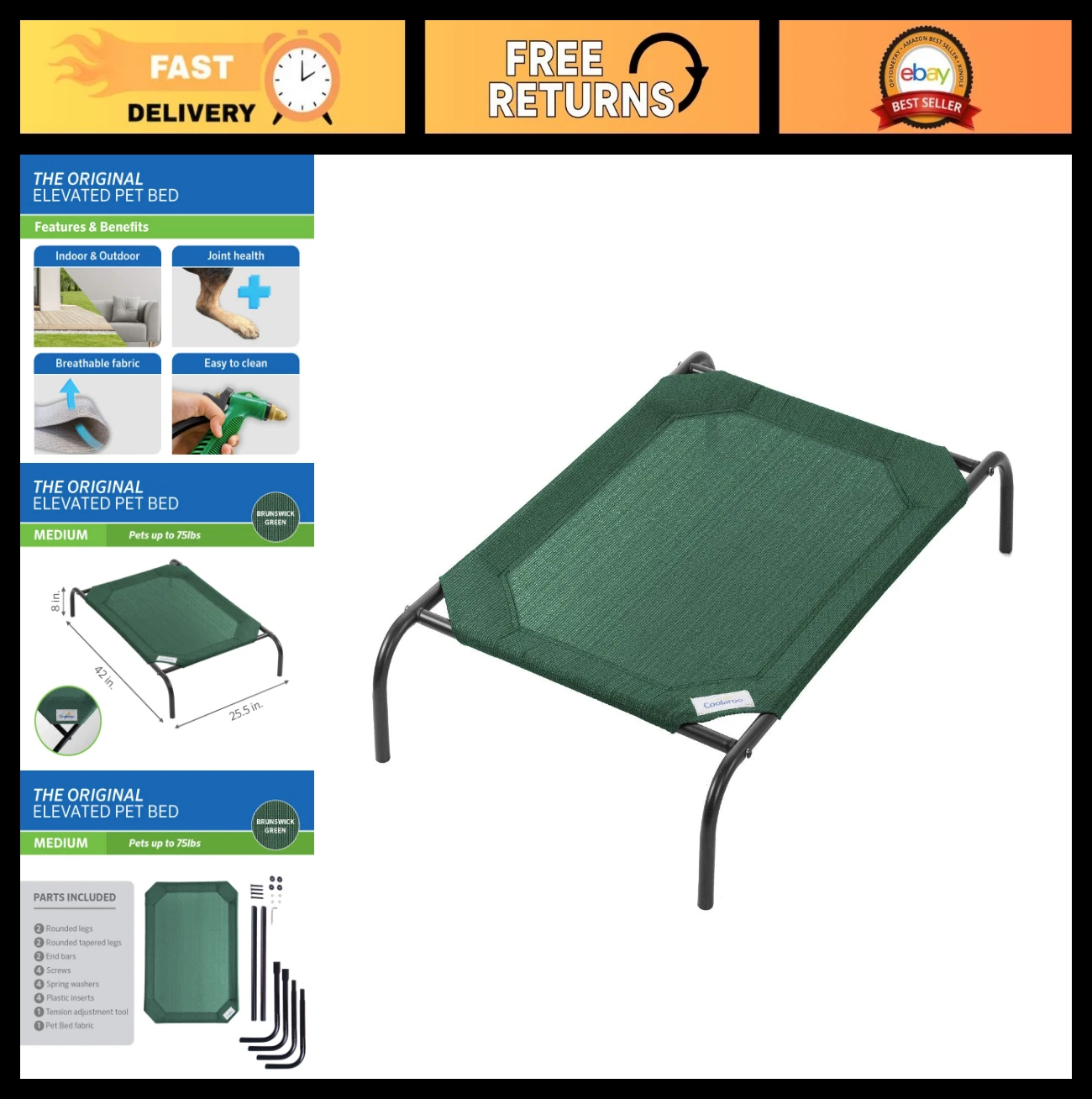Elevated Cooling Pet Bed - Medium Size, Brunswick Green - Outdoor & Indoor Use