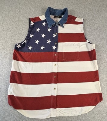 Vintage Quizz Woman American Flag Sleeveless Button Front Shirt Vest Size 22 