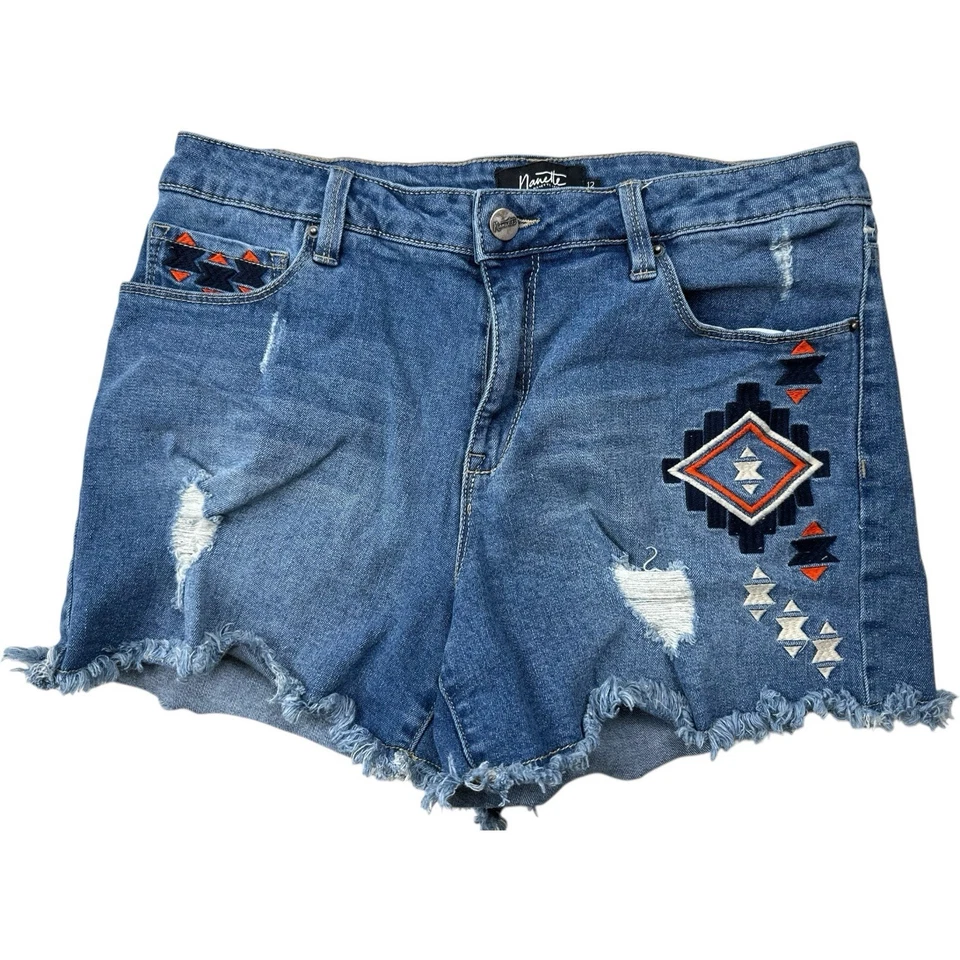 Pantalones Cortos Nanette Lepore Mujer 12 Bordados Distress Denim Southwesern Boho Azteca Foto 2 de 4
