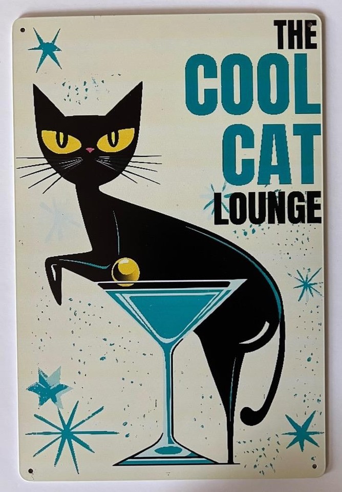 Authentic used MCM-era 'Cool Cat' lounge bar tin sign with atomic-age kitsch aesthetic — the kind of piece that anchors a retro rec room instantly.