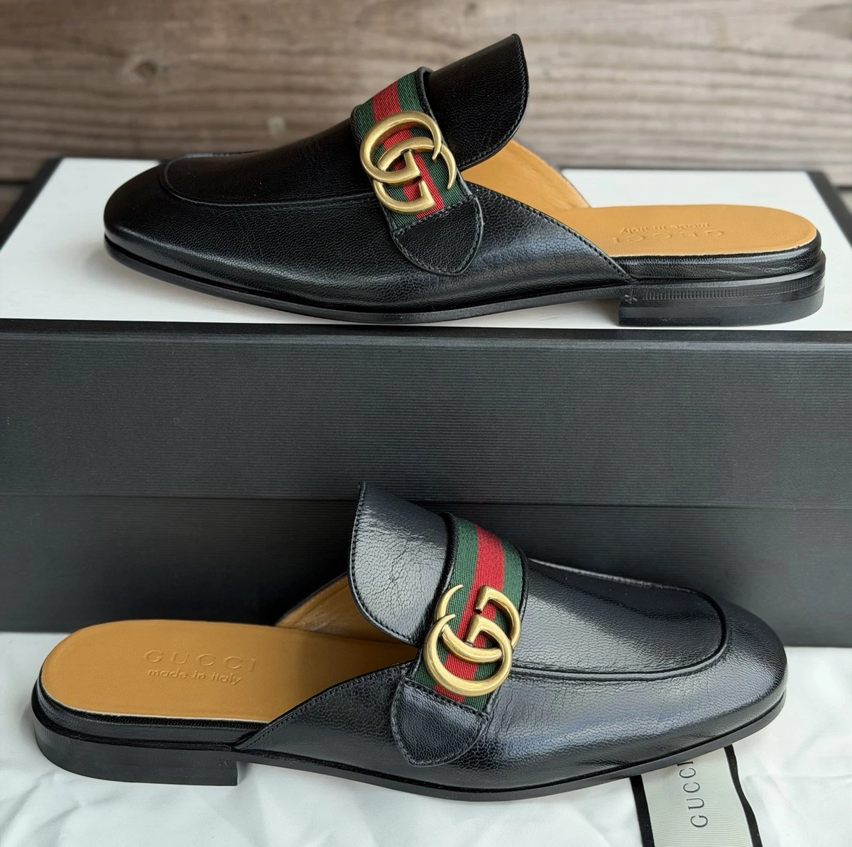 Gucci Men's Black Princetown GG Marmont Leather Loafer Slide Mule