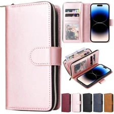 For iPhone 16e 16 15 14 13 Pro Max 11 12 7 8 Leather Flip Zip Wallet Case Cover