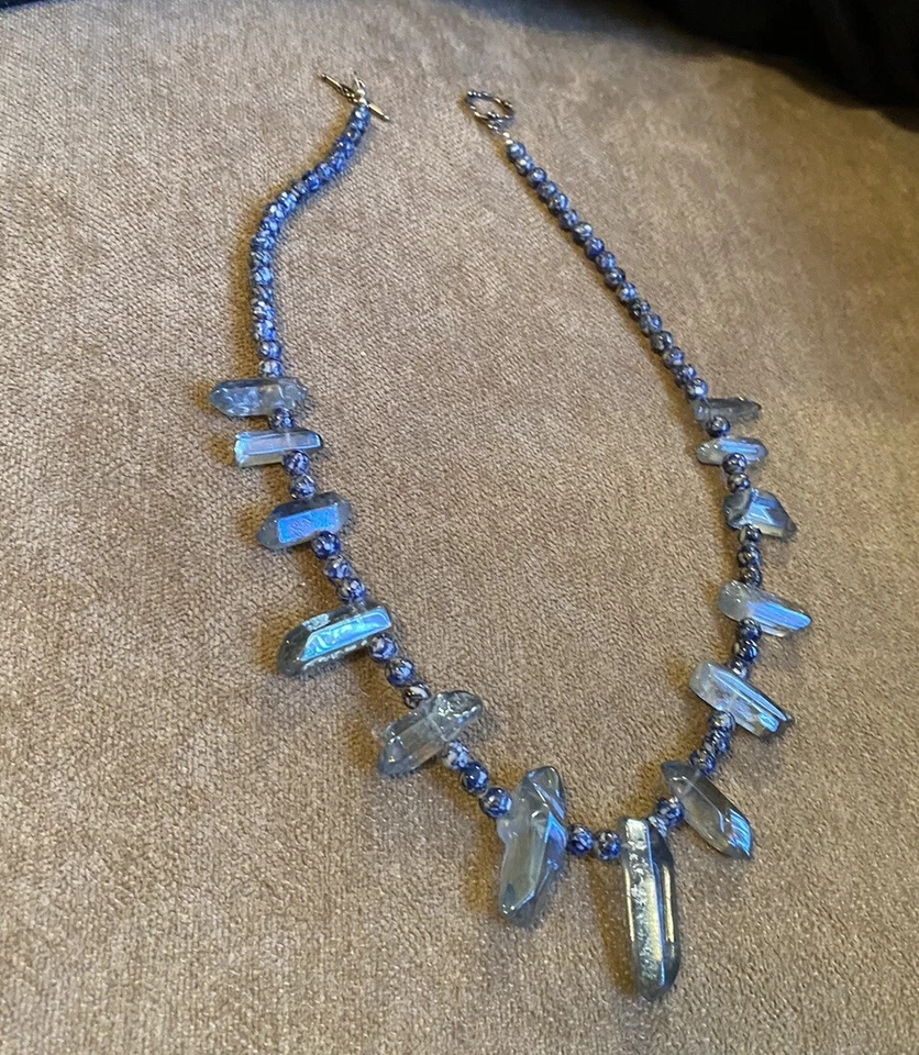Luster Quartz Blue Shell MOP Beaded Necklace Silver Tone Toggle Closure - Image 3 of 4
