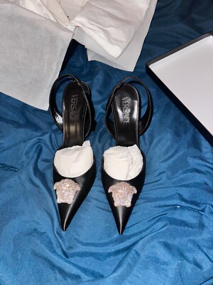 NEW! w/ box, bag and authenticity Versace Black Satin Slingback Pump Women's