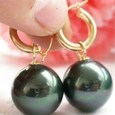 Huge natural south sea AAAA 16mm 14K yellow gold black shell pearl earrings