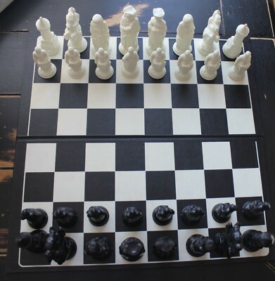Vintage ES Lowe ANRI Chess Set 32 Pieces w/ Board Renaissance Medieval Design