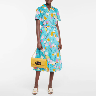 GUCCI ‎657935ZAGVN Tulip Print Pleated Midi Dress Cotton Linen