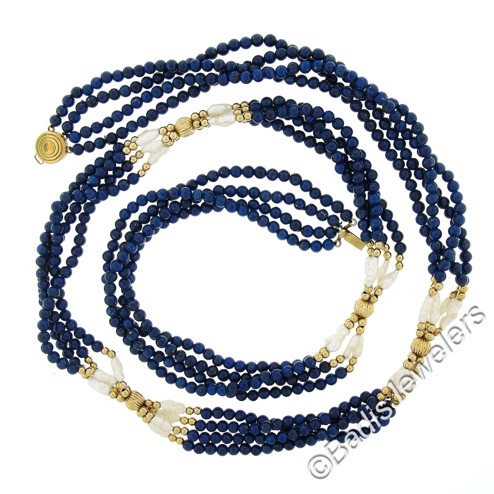 Collar Multi Hilo De Colección 31" Azul Lapislázuli y Perla Cuentas con Cierre de Oro 14k