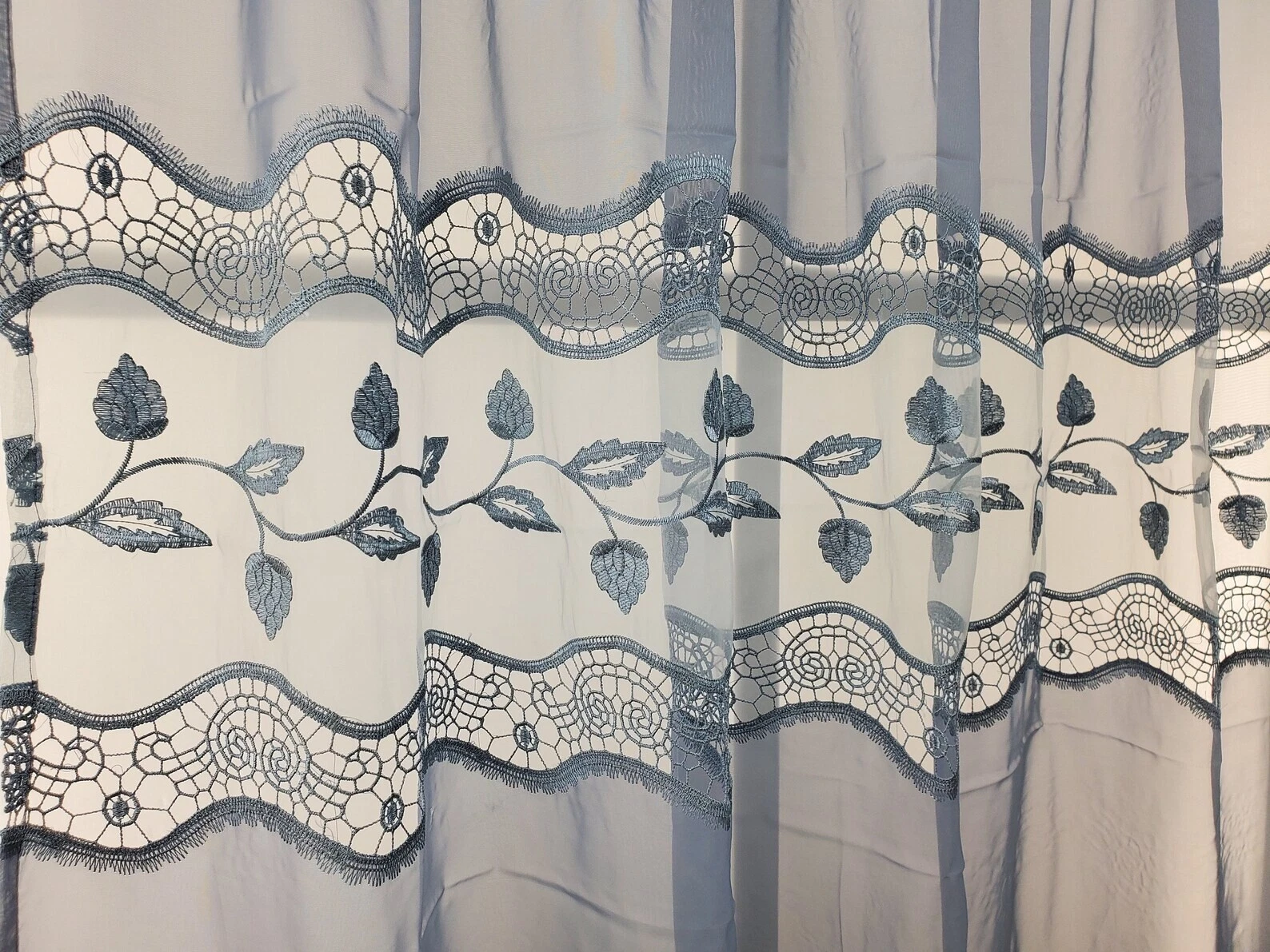 Macrame Embroidered Sheer and Organza Blue Panel Or Valance Or Swag Floral Vine