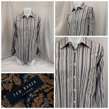 Ted Baker Flip Cuff Shirt 16 34 Tan Blue Stripe Paisley Cuff Worn Once YGI R1-36