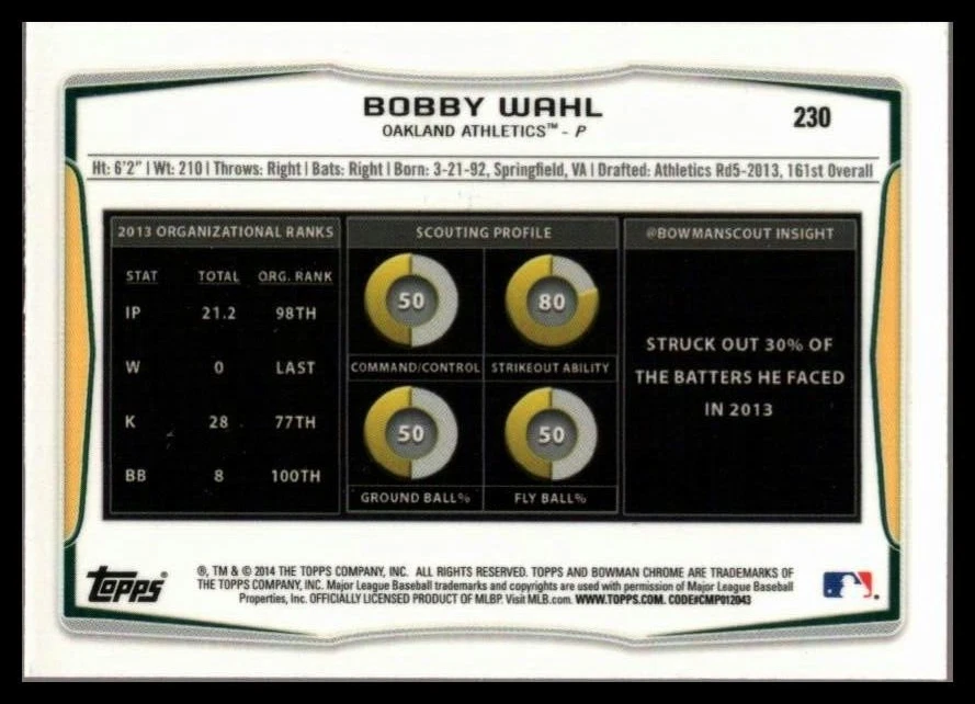 2014 BOWMAN CHROME MINI #230 BOBBY WAHL OAKLAND ATHLETICS - Image 2 of 2