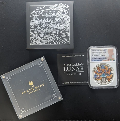 1 oz 2024 Australia PROOF Lunar Year of the Dragon-Yellow ~ NGC PF70 Silver Coin