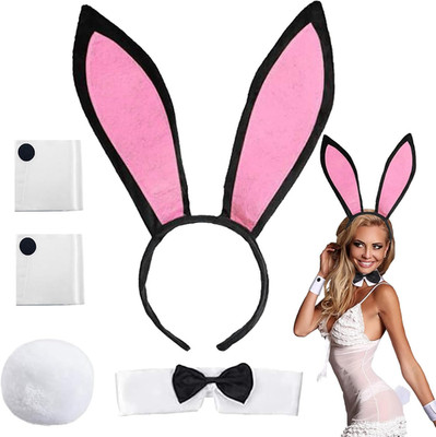 5 Stück Damen Bunny Kostüm Set, Hasenohren Haarreif Fliege Manschetten Schwanz,