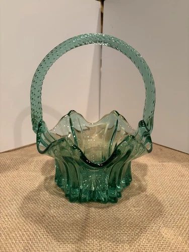 Vintage Fenton Emerald Green Ruffled Glass Basket - Flawless!
