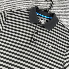 Under Armour Heat Gear Polo Shirt Mens Medium Black Gray Striped Short Sleeve