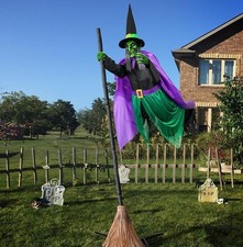 12 Ft Animatronic Hovering Witch On Broom Lighted Eyes Talking Halloween Prop
