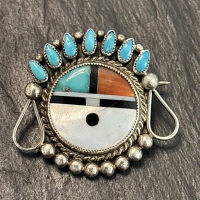 Roger Cellicion Zuni Sunface Sterling Silver Brooch Petit Turquoise Vintage 5c