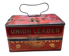 Vintage Red Union Leader Cut Plug Tobacco Hinged Lunch Box Pail Tin Handle Clasp