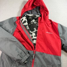 Eddie Bauer Hooded Jacket Kids L 14/16 Red Grey Excellent Fleece Lined Zip Up