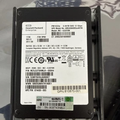 HPE 3PAR K2P91B 879391-001 3.84TB SSD 8200 8400 8440 8450 - Image 1 of 3