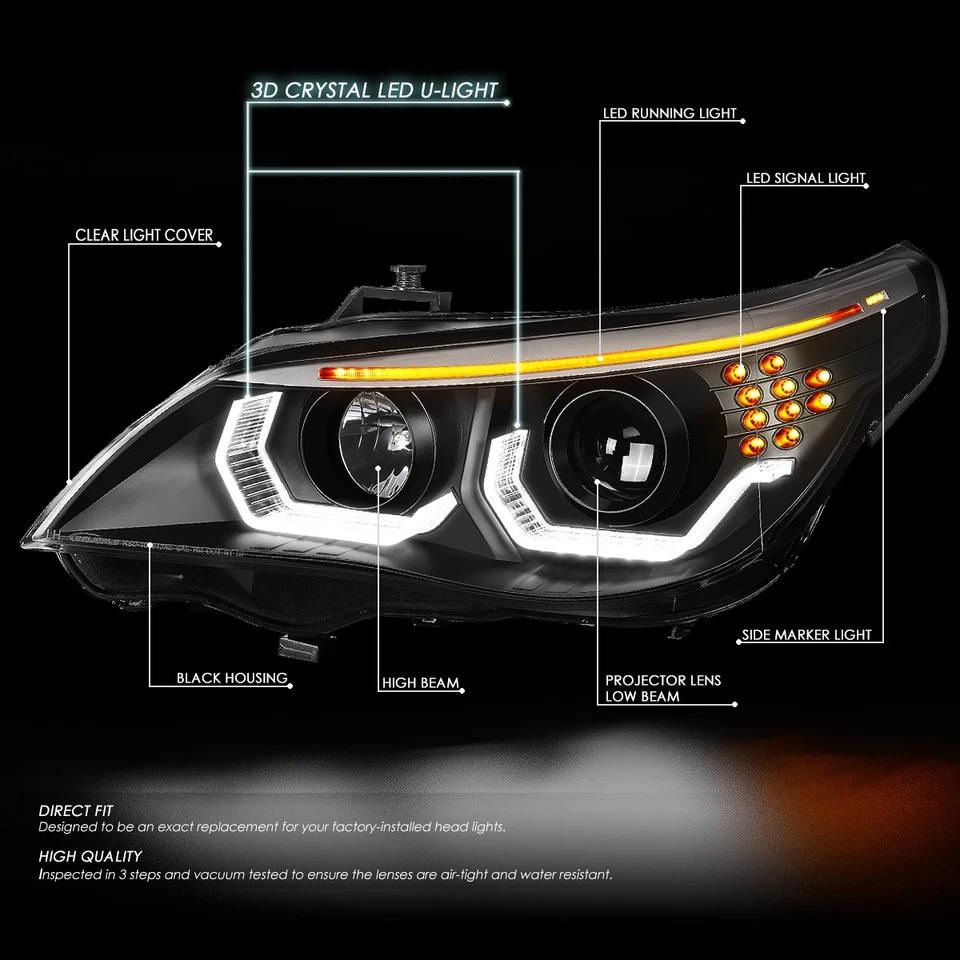 [SINAL LED 3D HALO DRL] PARA 04-07 BMW E60 5-SERIES FARÓIS PROJETORES PRETO - Imagem 2 de 4