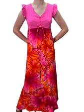 Vtg 70s Sz M/L Hawaiian Maxi Dress Acrylic Barkcloth MOD FLORAL Pink Orange