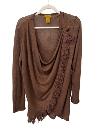 Wrangler, Wrangler Sweater Large Asymmetrical Fringe Long Sleeve Brown Comfort Knitwear