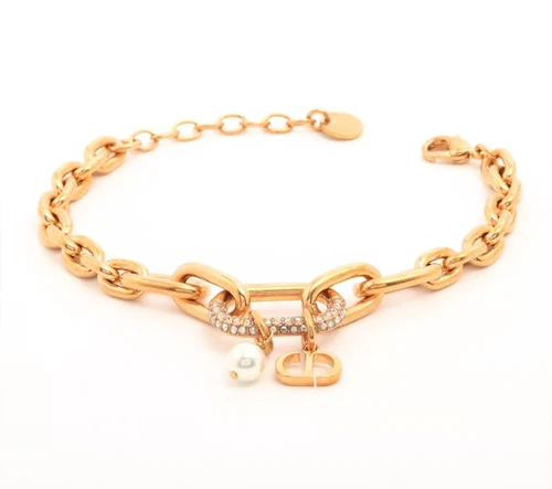 Christian Dior Bracelet D Fusion métal doré, perle et cristaux argentés