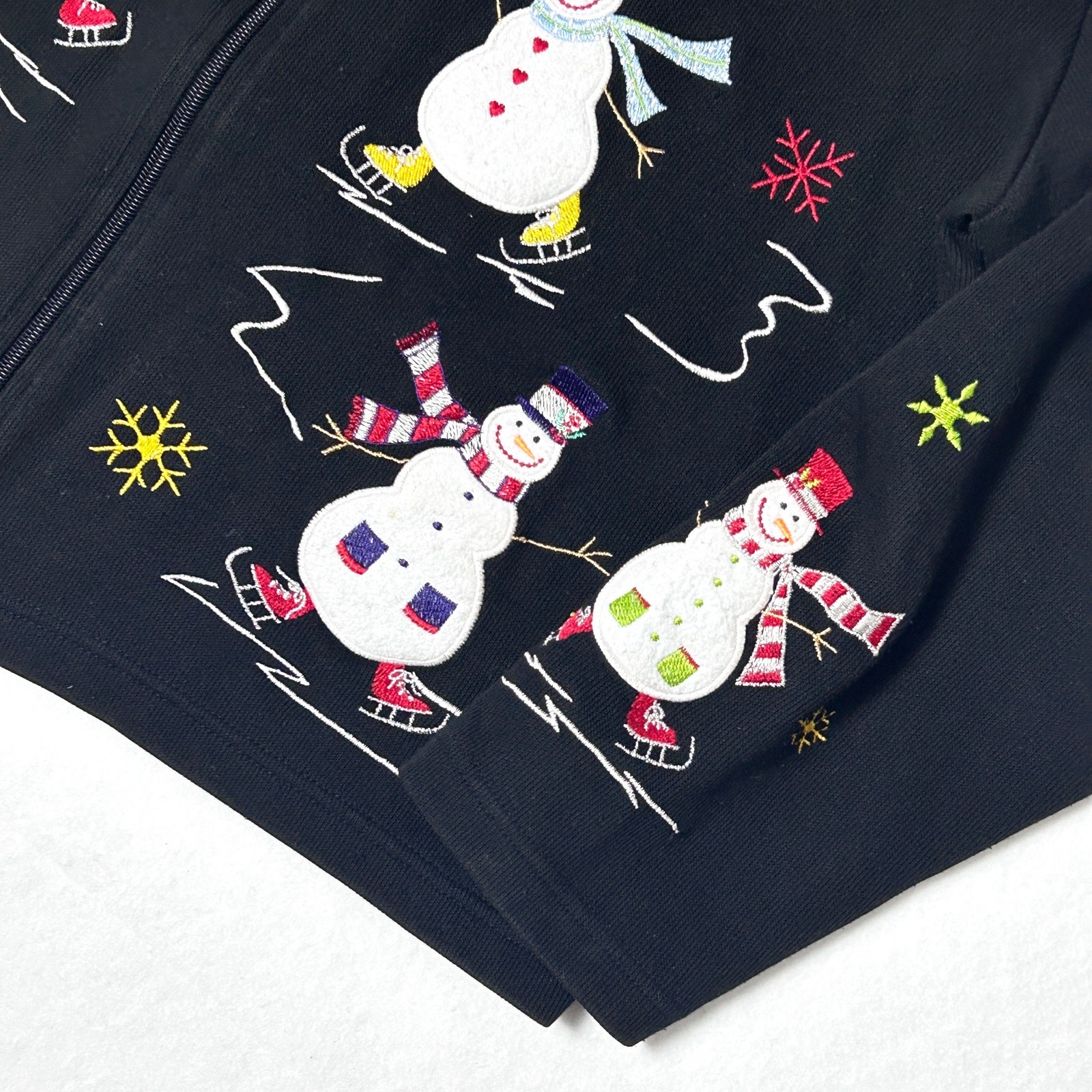 Vintage Embroidered Snowman Christmas Zip Sweatshirt Jacket Women's Black Size L image 7