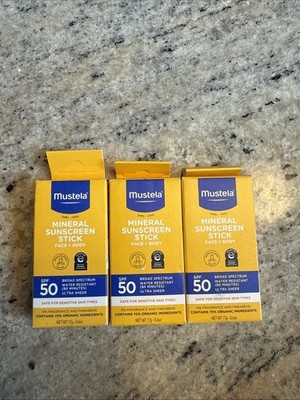 LOT OF 3 Mustela Mineral Sunscreen Sticks SPF50! 0.6oz Each EXPIRES 02/2026