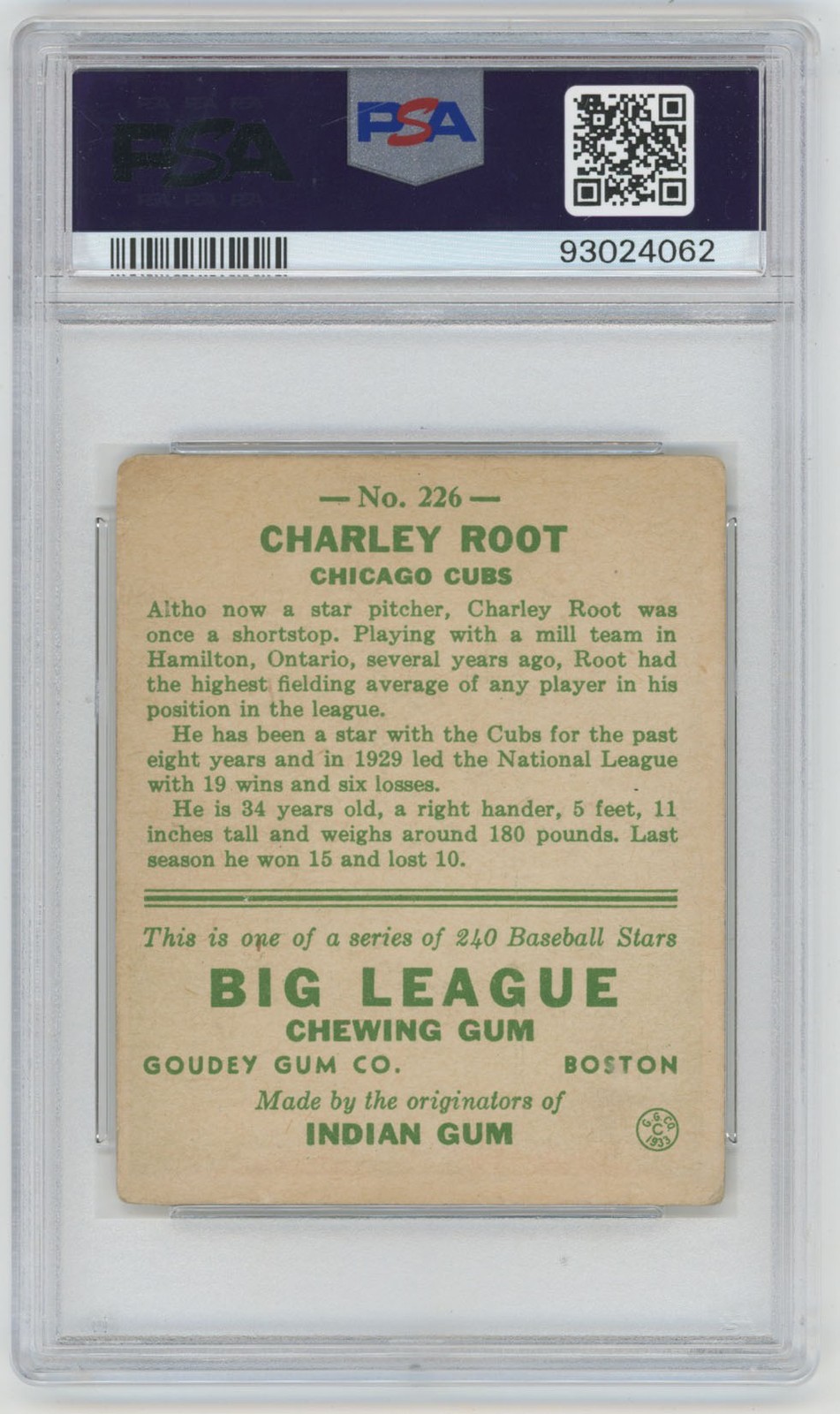 1933 Goudey 226 Root PSA 2 701418 view 2