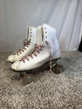 Vintage Official Roller Derby Skates White Leather Metal Wheels Womens Size 3