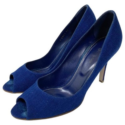 Sergio Rossi indigo-dyed linen open-toe pumps, size 39, blue. Women USED