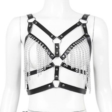 New Women Open Bust Body Harness G-String Bra Thong PU Leather Chain Lingerie