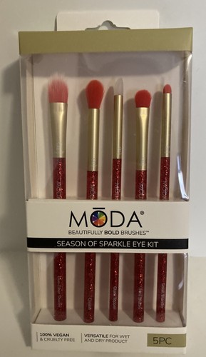 NEW Moda Vegan Red Sparkle 5 Pc Eye Shadow Makeup Bold Brushes Set Wet or Dry