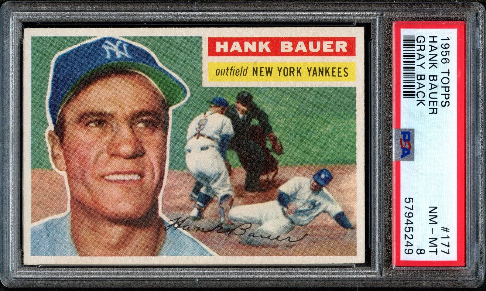 BB - 1956 - Topps - #177 - Hank Bauer Gray Back - PSA 8 - NM-MT