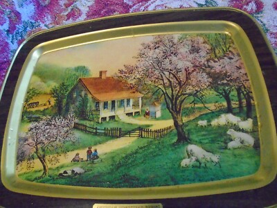 Courier & Ives ''Spring Scene'' tray, flawless, metal, gold back, no rust/wear.